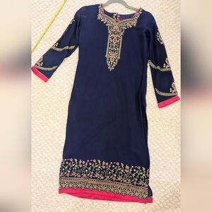 3-Piece Salwar Kameez Set Navy & Magenta Embroidered